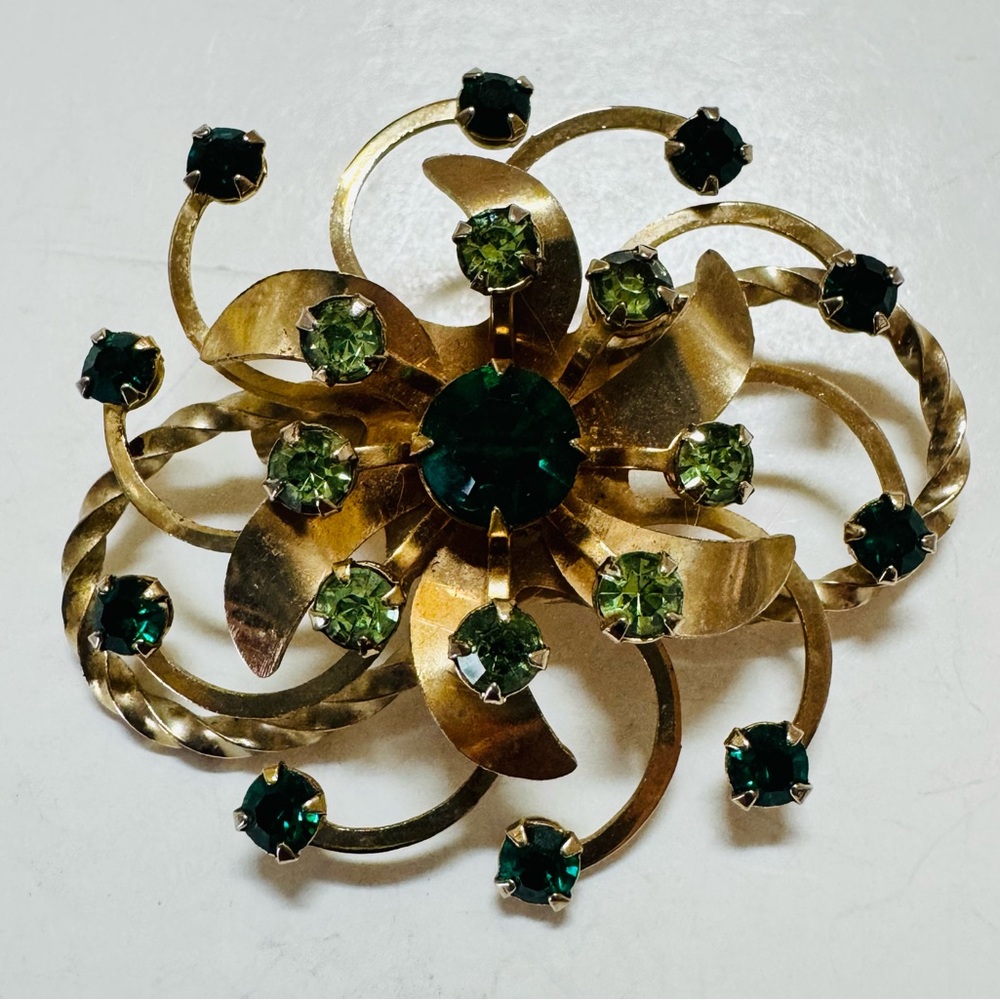 Vintage Rhinestone Gold-Tone Brooch Two tone green